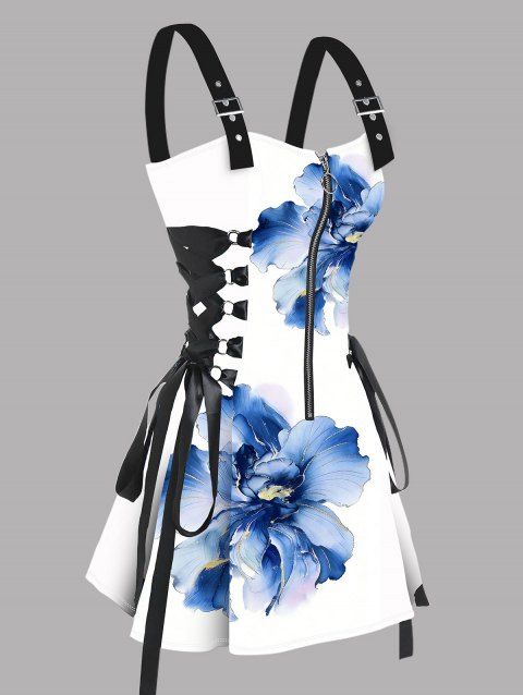 Robe de vacances imprimée d'hibiscus aquarelle, bretelles à lacets et boucle