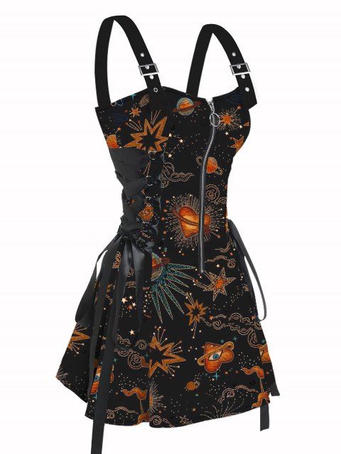 Robe de vacances imprimée soleil, lune et planètes célestes, bretelles à lacets et boucle