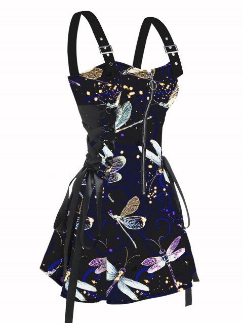 Robe de vacances à motif libellule Mystique Nuit, bretelles lacées et bouclées