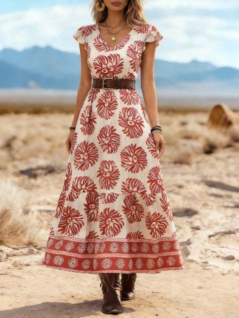 Robe de vacances rétro à imprimé floral tribal et géométrique, robe longue