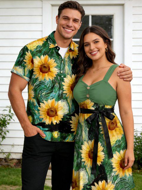 Robe T-shirt Imprimé Tournesol avec Boutons à Manches Courtes pour Femme