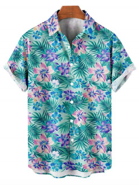 Chemise de vacances pour homme à imprimé floral tropical hibiscus et feuilles de palmier, boutonnée
