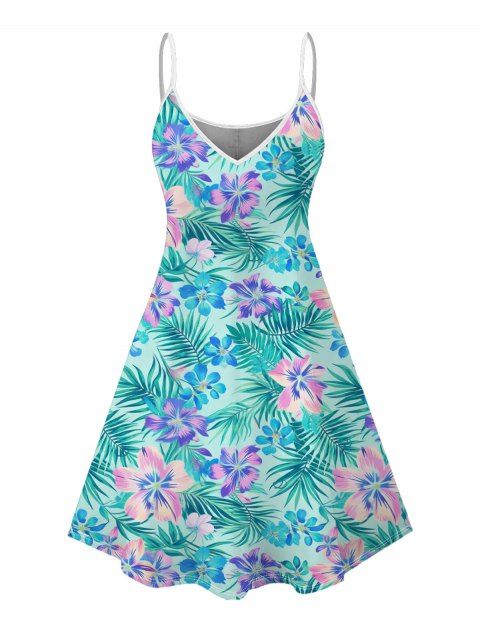 Robe de vacances à imprimé floral tropical hibiscus et feuilles de palmier, bretelles spaghetti