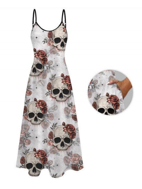 Robe de vacances gothique à imprimé tête de mort et rose, poches et bretelles spaghetti, robe longue