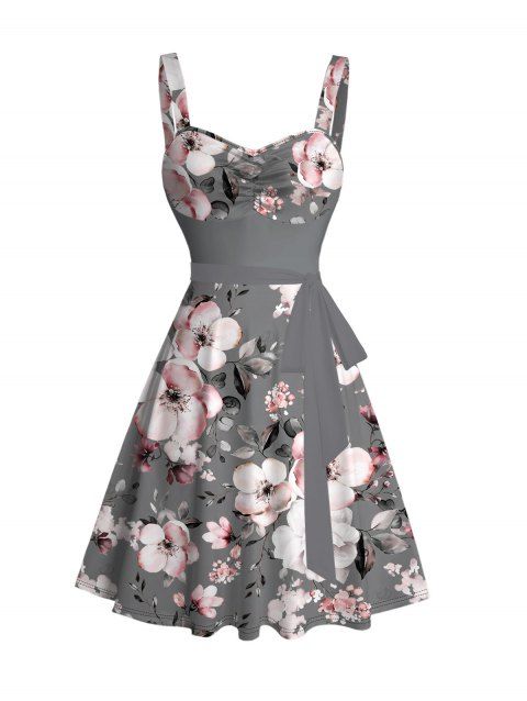 Robe de vacances à imprimé floral de prunier et ceinture froncée à la poitrine