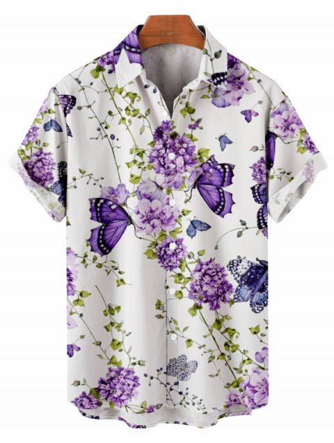 Chemise de vacances pour homme, imprimé floral aquarelle, vigne et papillon, à boutons