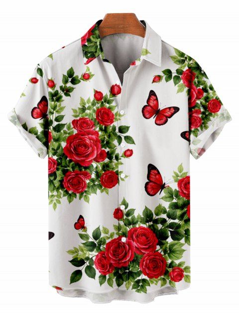 Chemise de vacances pour homme, imprimé romantique rose et papillon, à boutons