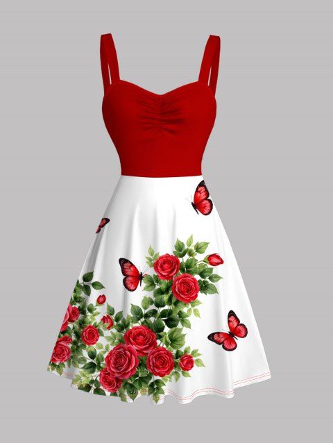 Robe de vacances romantique à imprimé rose et papillon, mini-robe froncée au buste