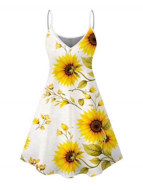 Robe de vacances à motif de feuilles de tournesol, mini-robe à bretelles spaghetti