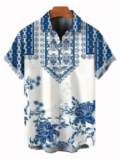 Chemise de vacances pour homme, bleu et blanc, imprimé roses porcelaine, boutonnée