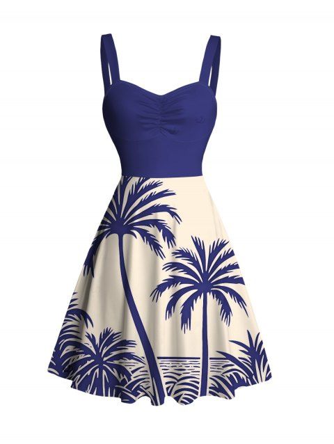 Robe de plage à imprimé cocotier colorblock et froncée