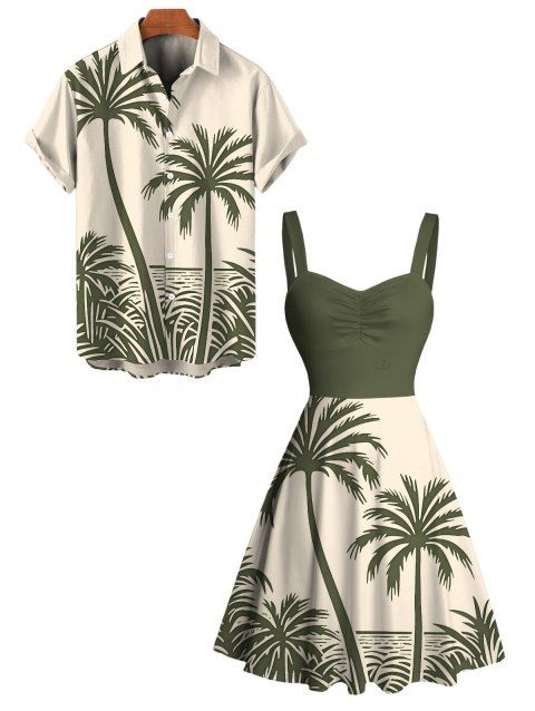 Beach Couple Outfit Colorblock Coconut Tree Print Dress and Shirt Set