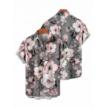 Vacation Couple Outfit Plum Blossom Floral Print Ruched Belt Dress and Shirt Set