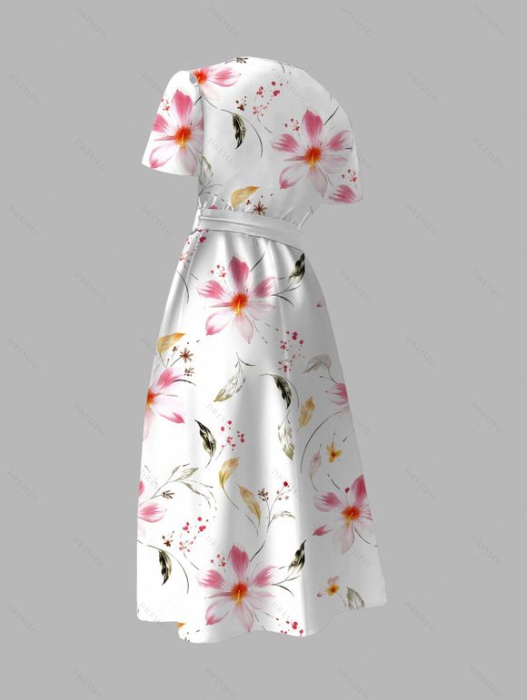 Robe de vacances à motif floral aquarelle cosmos, robe cache-cœur à ceinture - Rose XXL | US 14