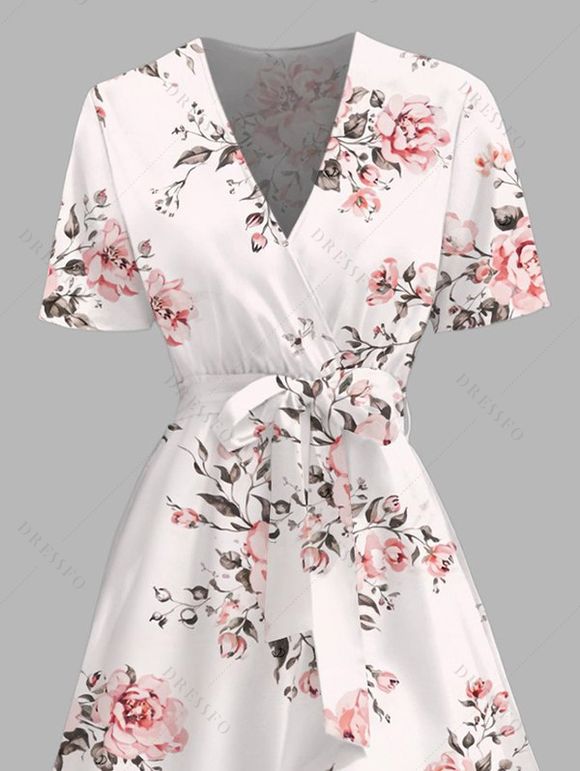 Robe de vacances à imprimé rose romantique, style peinture à l'huile, avec ceinture cache-cœur. - Rose XXL | US 14