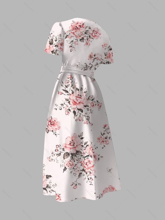 Vacation Couple Outfit Oil Painting Romantic Rose Print Surplice Belt Dress and Shirt Set - Rose S | US 4