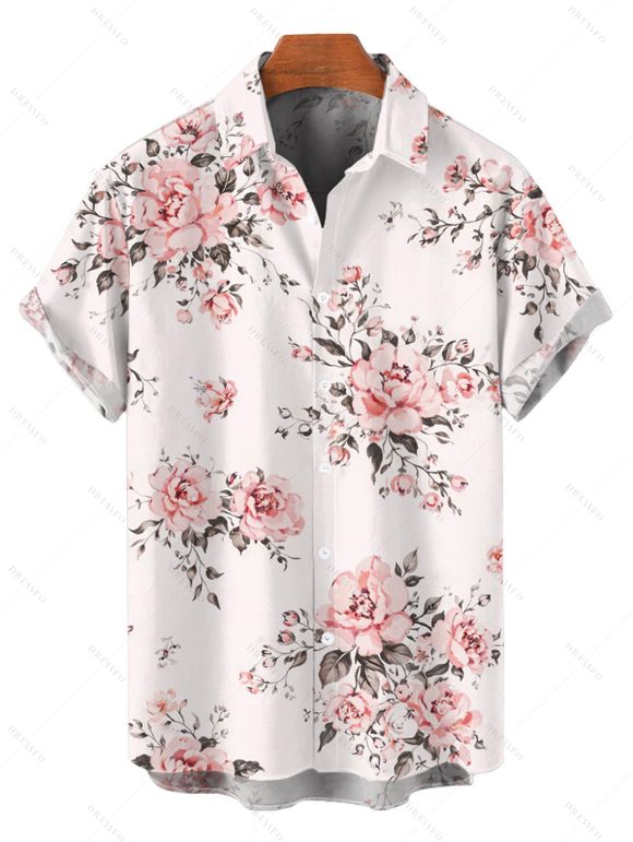 Vacation Couple Outfit Oil Painting Romantic Rose Print Surplice Belt Dress and Shirt Set - Rose S | US 4