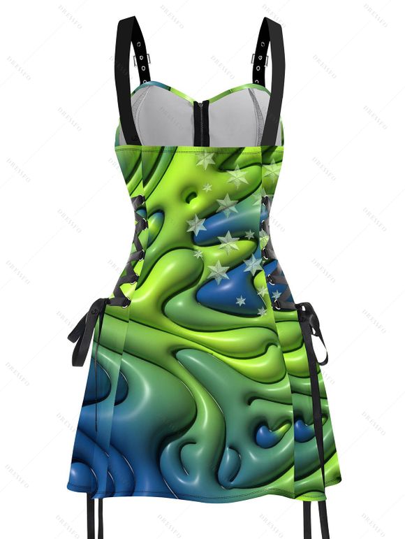 Robe de vacances à imprimé étoiles tourbillonnantes ombré liquide et lacets à boucle - Vert XXL | US 14