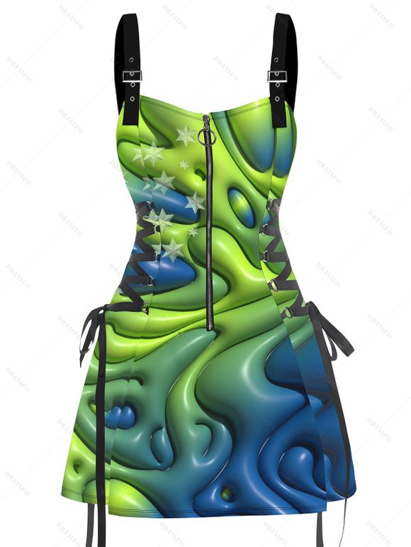 Vacation Couple Outfit Ombre Liquid Swirl Star 3D Print Lace Up Dress and Shirt Set - Vert S | US 4