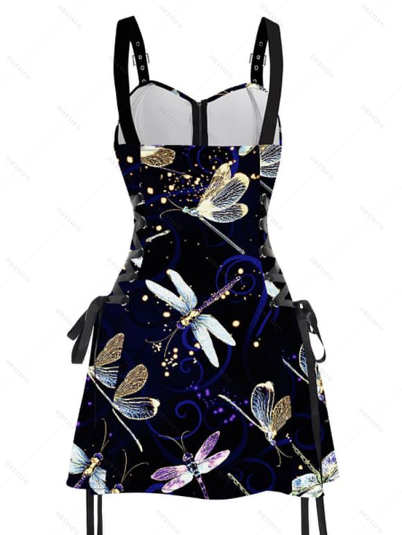 Robe de vacances à motif libellule Mystique Nuit, bretelles lacées et bouclées - Noir XXL | US 14