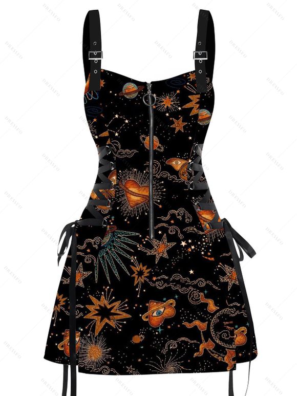 Robe de vacances imprimée soleil, lune et planètes célestes, bretelles à lacets et boucle - Noir XXL | US 14
