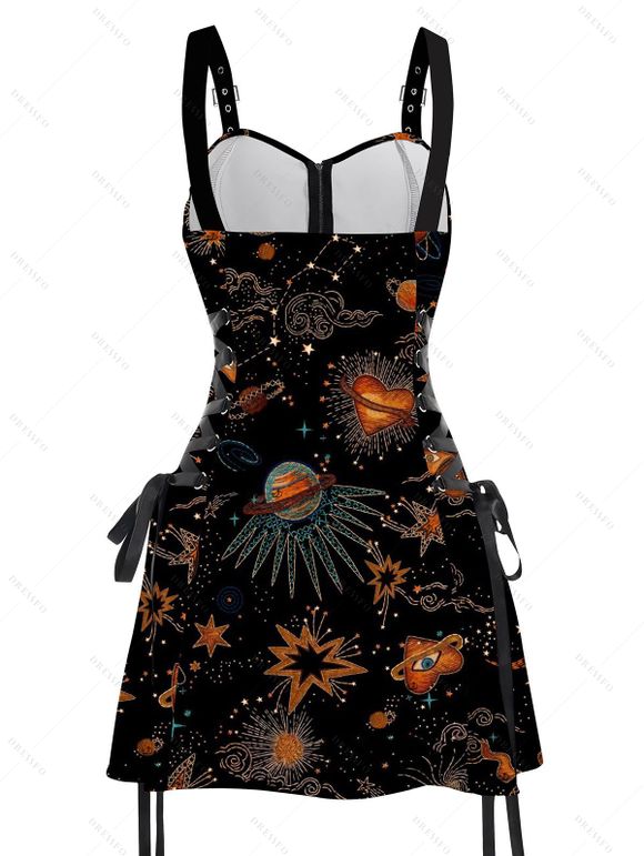Robe de vacances imprimée soleil, lune et planètes célestes, bretelles à lacets et boucle - Noir XXL | US 14