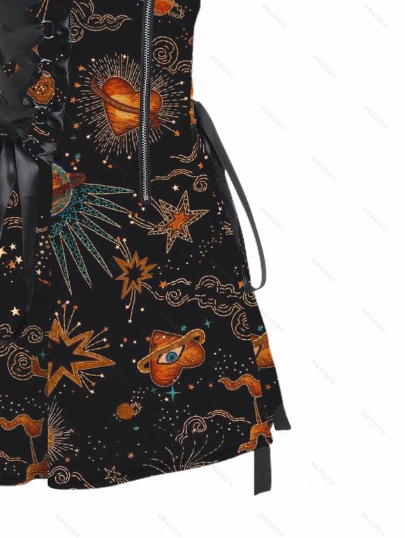 Robe de vacances imprimée soleil, lune et planètes célestes, bretelles à lacets et boucle - Noir XXL | US 14