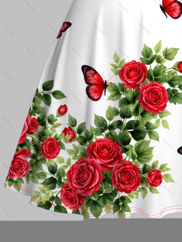Robe de vacances romantique à imprimé rose et papillon, mini-robe froncée au buste - Rouge M | US 6