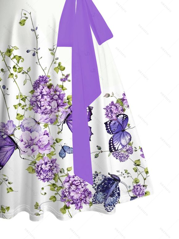 Robe de vacances imprimée aquarelle florale, vigne et papillons, avec ceinture froncée au buste - Blanc M | US 6