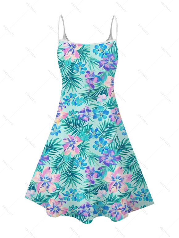 Robe de vacances à imprimé floral tropical hibiscus et feuilles de palmier, bretelles spaghetti - Turquoise Foncée M | US 6