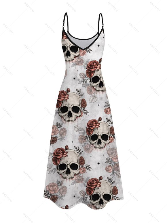 Robe de vacances gothique à imprimé tête de mort et rose, poches et bretelles spaghetti, robe longue - Gris Clair M | US 6