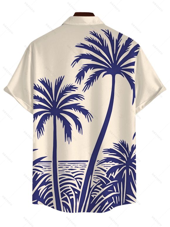 Chemise de plage pour homme, imprimé cocotier, boutonnée, style vacances - Bleu 5XL