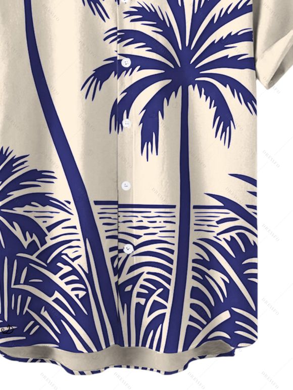Chemise de plage pour homme, imprimé cocotier, boutonnée, style vacances - Bleu 5XL