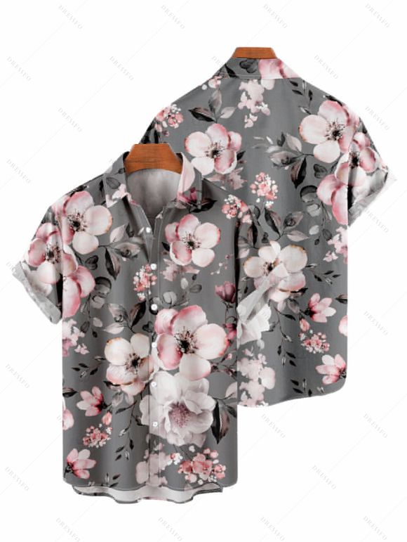 Chemise de vacances pour homme, imprimé floral de fleurs de prunier, boutonnée - Gris 5XL