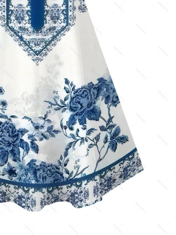 Robe de vacances bleue et blanche à imprimé roses porcelaine, bretelles spaghetti - Blanc M | US 6