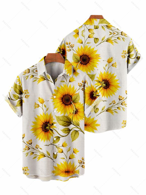 Chemise de vacances pour homme à motif de feuilles de tournesol, chemise boutonnée - Blanc 5XL