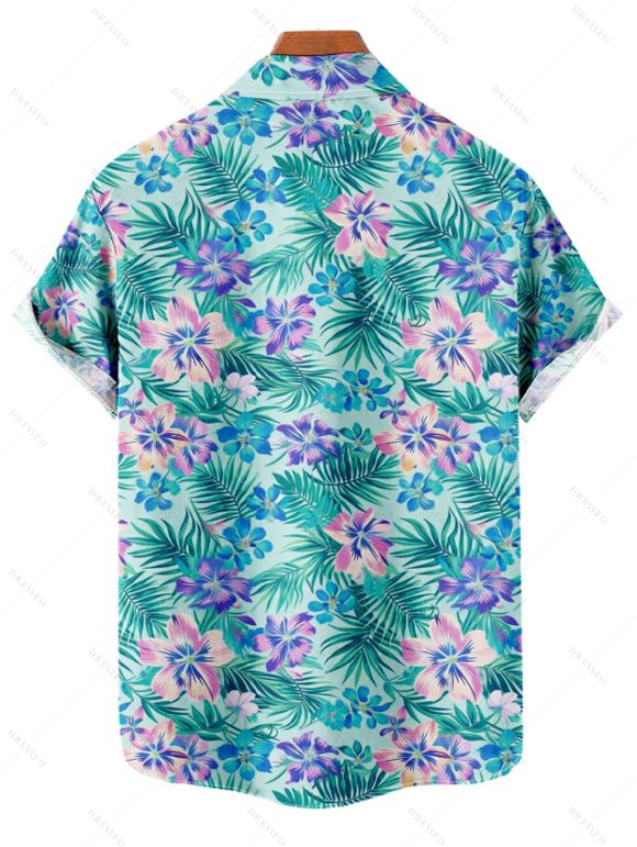 Chemise de vacances pour homme à imprimé floral tropical hibiscus et feuilles de palmier, boutonnée - Turquoise Foncée 5XL