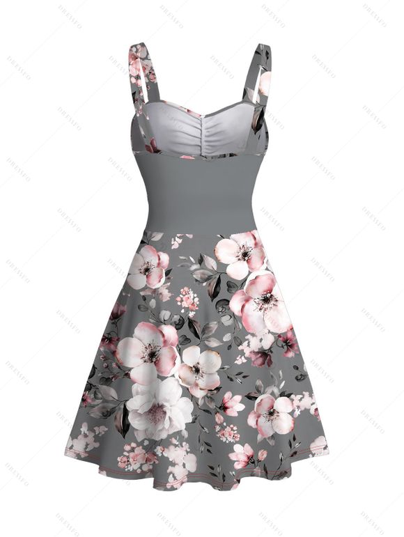 Vacation Couple Outfit Plum Blossom Floral Print Ruched Belt Dress and Shirt Set - Gris S | US 4