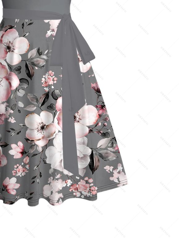 Vacation Couple Outfit Plum Blossom Floral Print Ruched Belt Dress and Shirt Set - Gris S | US 4