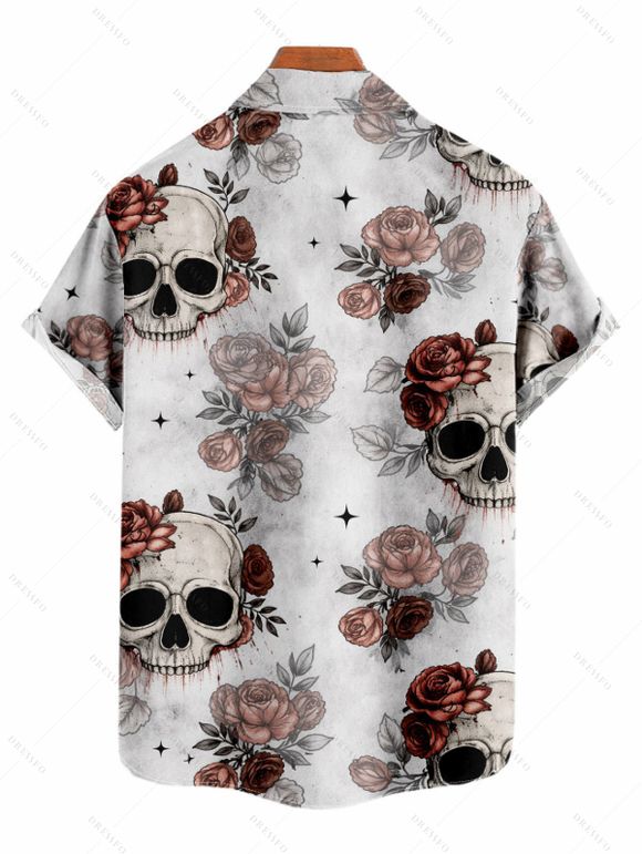 Chemise de vacances pour homme, imprimé gothique crâne et rose, boutonnée - Gris Clair 5XL