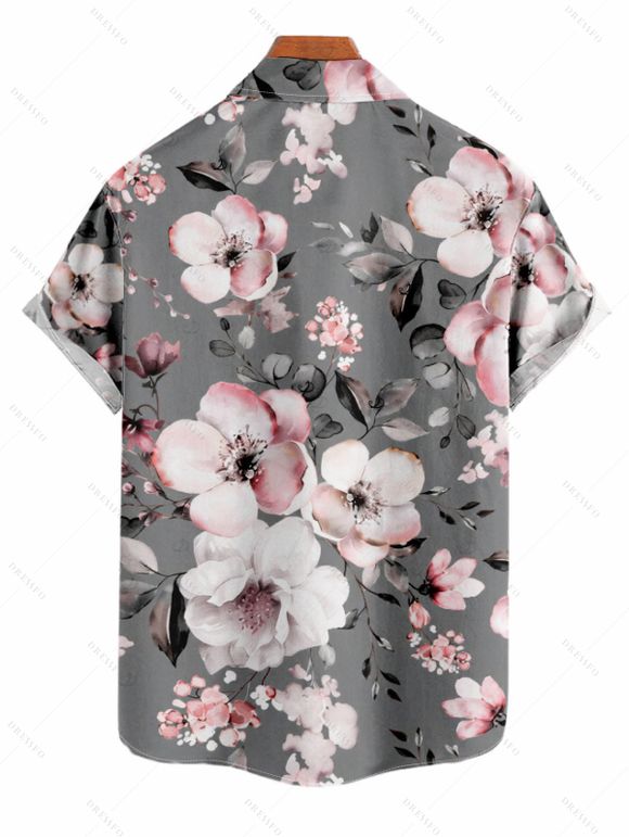 Vacation Couple Outfit Plum Blossom Floral Print Ruched Belt Dress and Shirt Set - Gris S | US 4