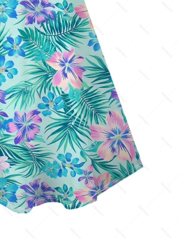 Vacation Couple Outfit Tropical Hibiscus Floral Palm Leaf Print Dress and Shirt Set - Turquoise Foncée S | US 4