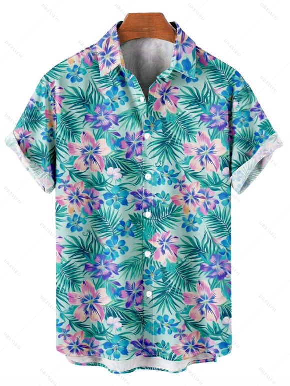 Vacation Couple Outfit Tropical Hibiscus Floral Palm Leaf Print Dress and Shirt Set - Turquoise Foncée S | US 4