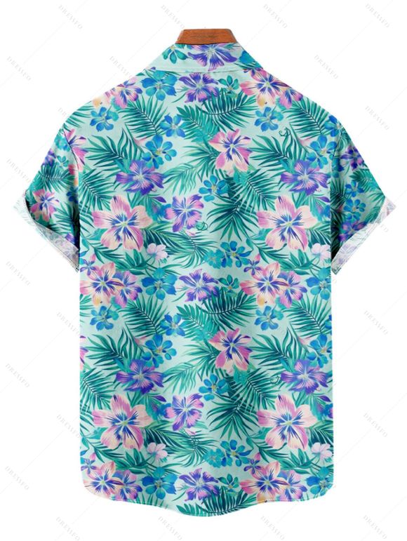 Vacation Couple Outfit Tropical Hibiscus Floral Palm Leaf Print Dress and Shirt Set - Turquoise Foncée S | US 4
