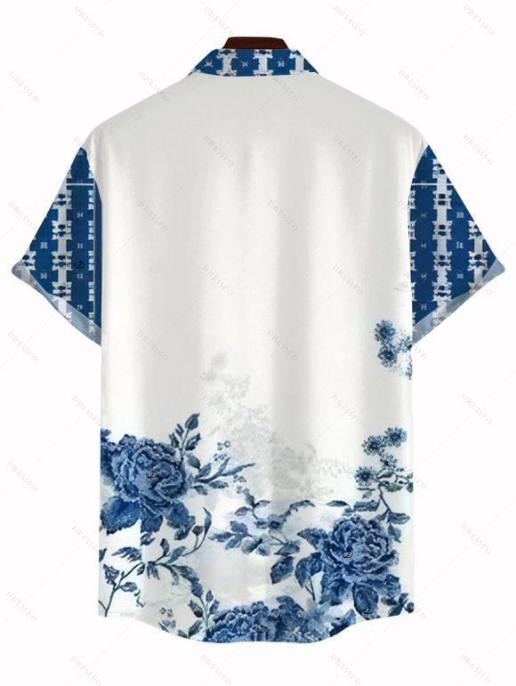 Vacation Couple Outfit Blue & White Porcelain Rose Print Dress and Shirt Set - Blanc S | US 4