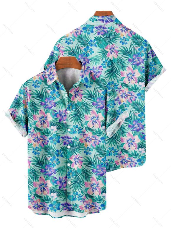 Vacation Couple Outfit Tropical Hibiscus Floral Palm Leaf Print Dress and Shirt Set - Turquoise Foncée S | US 4