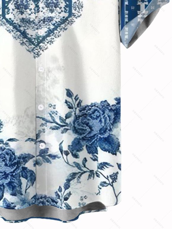 Vacation Couple Outfit Blue & White Porcelain Rose Print Dress and Shirt Set - Blanc S | US 4