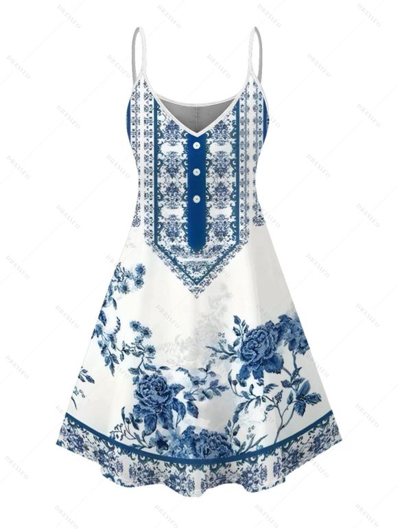 Vacation Couple Outfit Blue & White Porcelain Rose Print Dress and Shirt Set - Blanc S | US 4