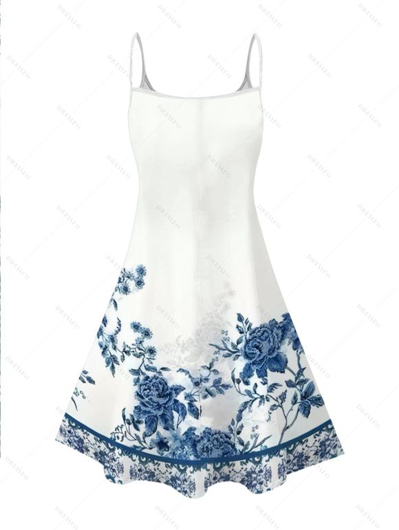 Vacation Couple Outfit Blue & White Porcelain Rose Print Dress and Shirt Set - Blanc S | US 4