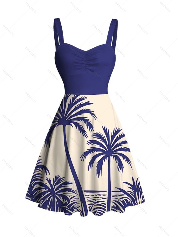 Beach Couple Outfit Colorblock Coconut Tree Print Dress and Shirt Set - Bleu S | US 4